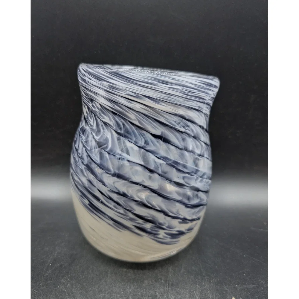 Hand Blown Art Glass Vase Navy Blue White Swirl Marbled Coastal Contemporary